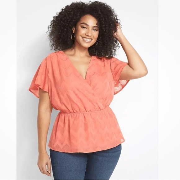LANE BRYANT Coral Surplice Neck Peplum Top - size 26/28 NWT - Picture 1 of 8